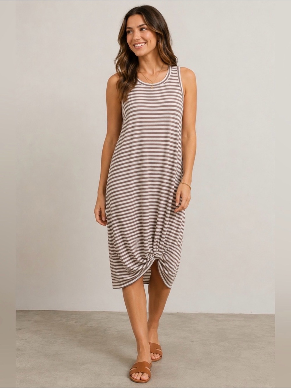 eesome Taupe & White Striped Knot-Front Midi Dress, Women’s Size Small, tank